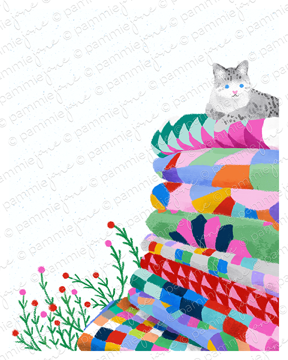 Colorful quilt with a cat on top, surrounded by greenery on a white background