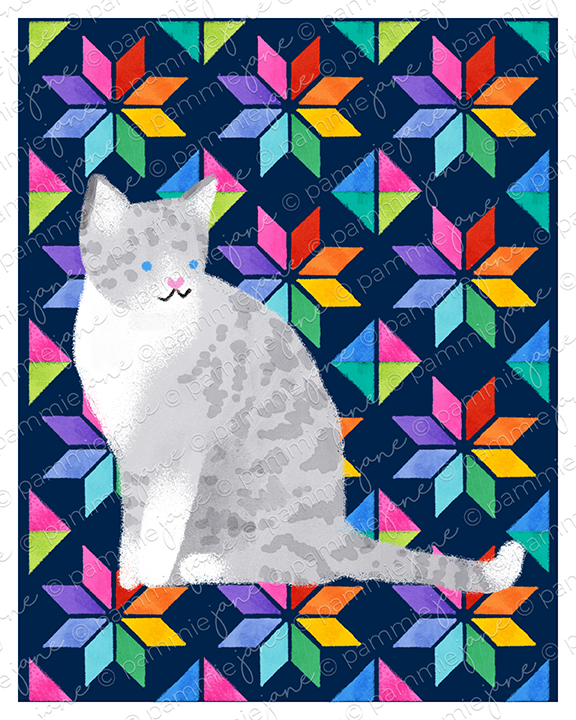 Cat illustration on a colorful geometric patterned background