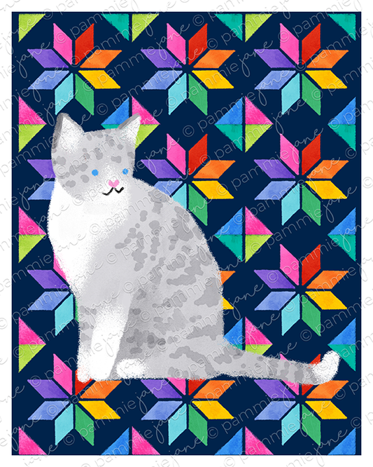 Cat illustration on a colorful geometric patterned background